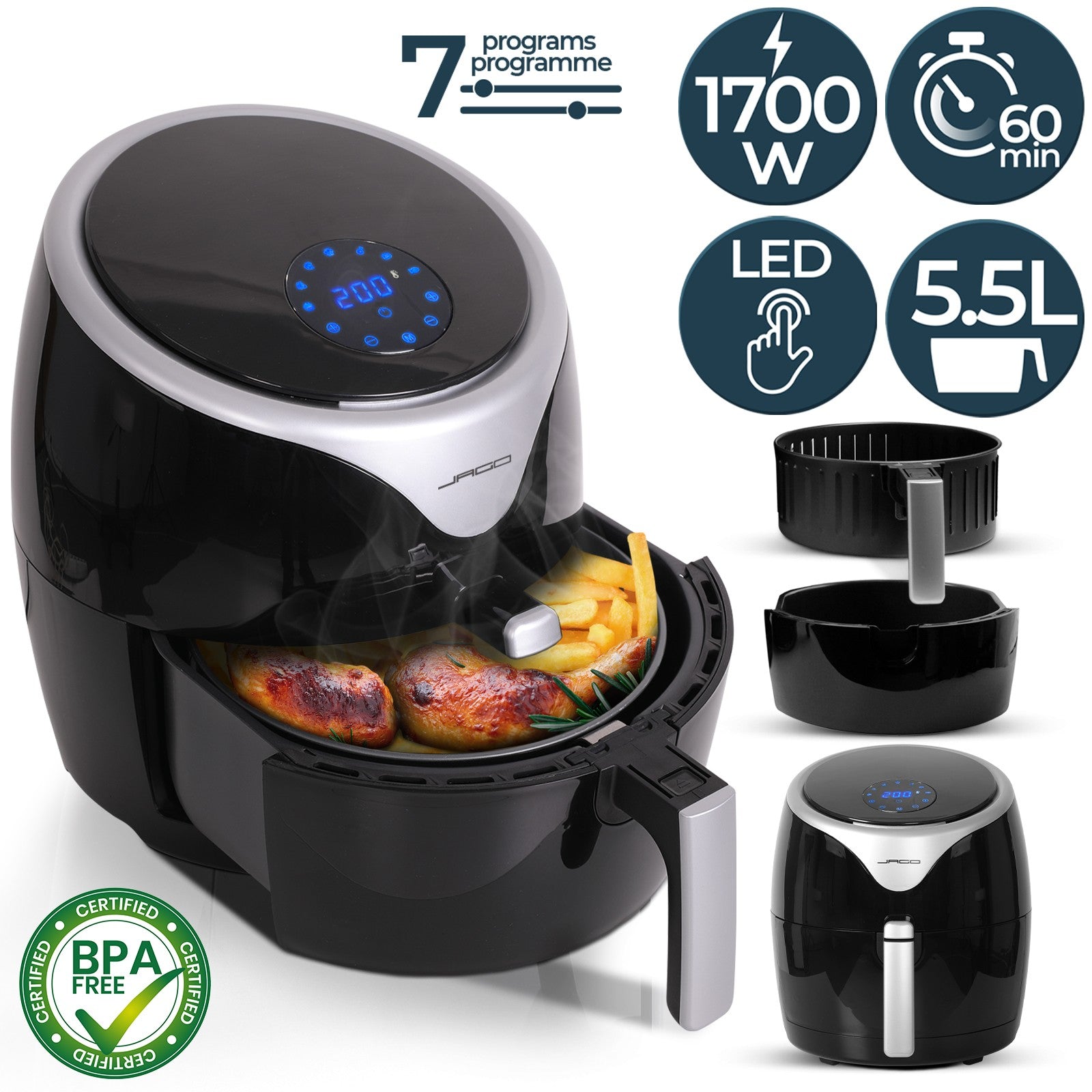 Airfyer 7 I 1 X   5,5l   1700 Watt, Led Display Med Touchskærm, 7 Programmer, 60 Min Timer, Uden Olie, Sort Black Friday Ff Europe Udsalg