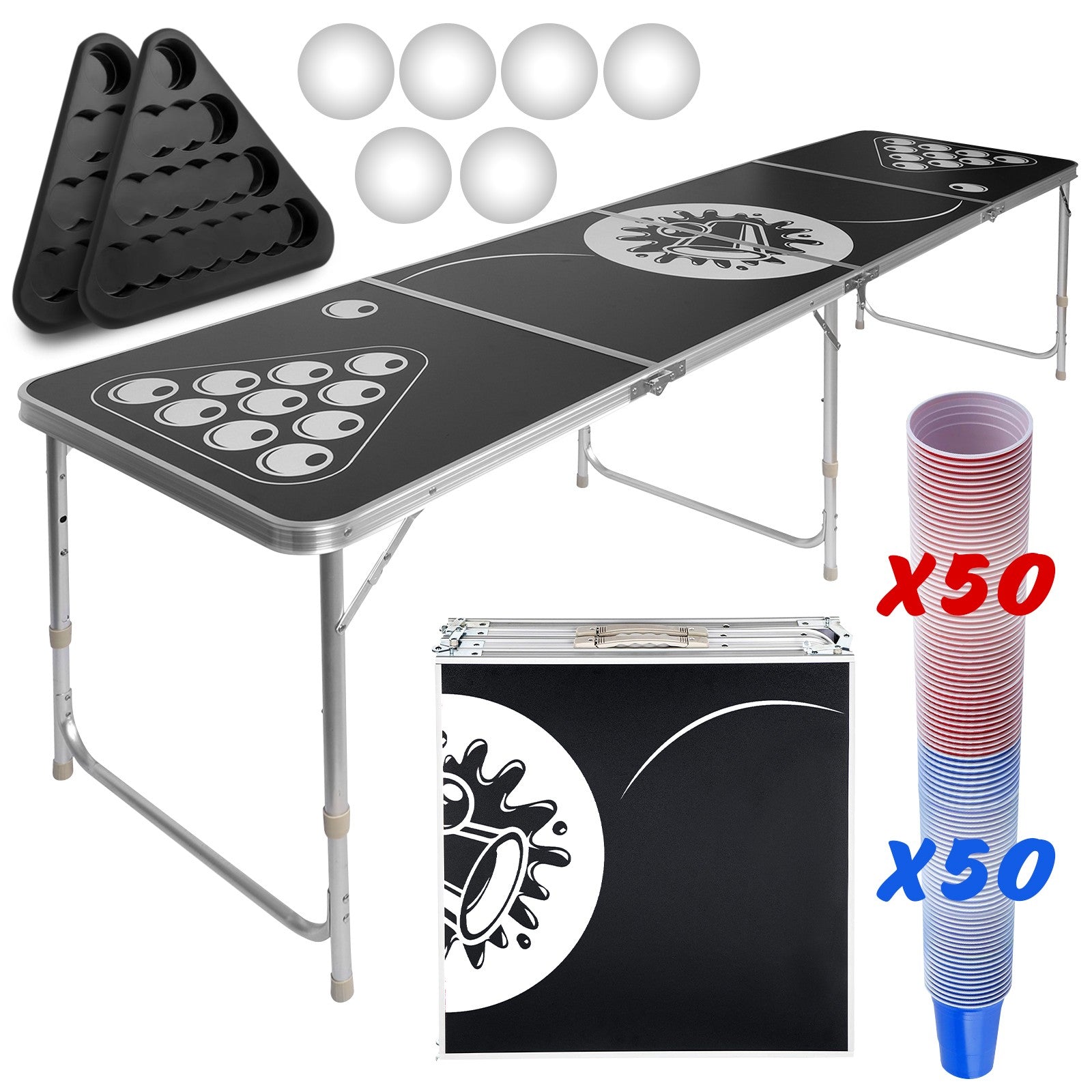 Beer Pong Sæt, 6 Bolde, 100 Kopper, Justerbar Foldbar Aluminiumsbord Black Friday Ff Europe Udsalg