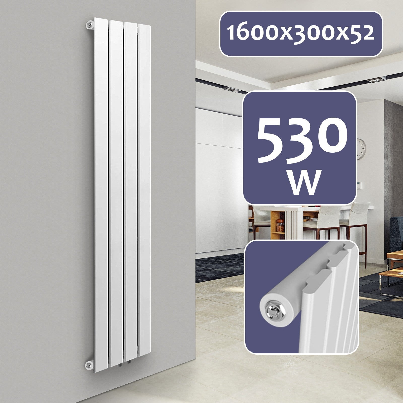 Aquamarineâ® Design Radiator   Lodret, Enkeltlag, 4 Segmenter, 1600x300x52 Mm, Hvid Black Friday Ff Europe Udsalg
