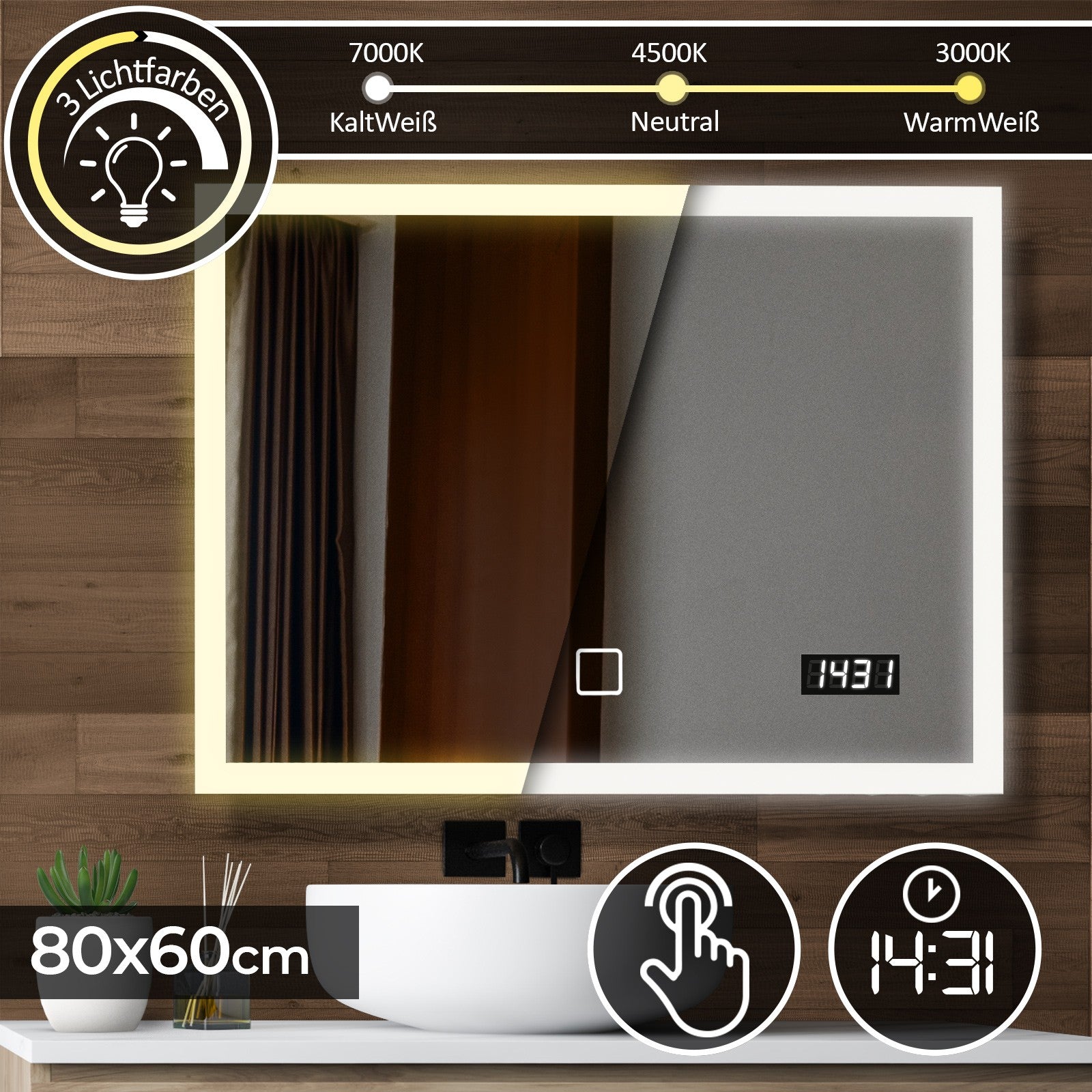 Aquamarinâ® Badeværelsesspejl Med Led Belysning   80x60cm, Ekk A++, Berøringsafbryder, Dæmpbar 3 I 1 Kold Hvid Neutral Varm Hvid Justerbar, Digitalt Ur Black Friday Ff Europe Udsalg