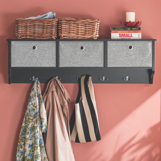 Knagerække Med Hylde Og 3 Kurve, 100x20x30 Cm, Sort Og Grå Black Friday Sobuy Udsalg